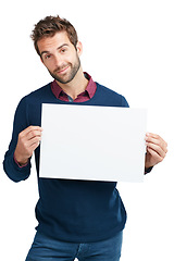 Image showing Portrait, marketing poster or business man with mockup space for product, advertising or branding poster in studio. Model, smile or businessman with banner, billboard news or logo in white background