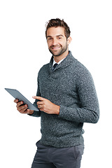 Image showing Search, portrait or business man on tablet for internet research, social media content or networking in white background. Tech or male on touchscreen for social network, blog review or media app