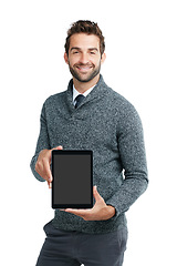 Image showing Portrait, screen or business man with tablet for mockup space board, advertising or networking in studio. Model, smile or businessman with tech for communication, social media or blog content review