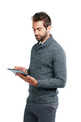 Image showing Serious, business man on tablet for research, social media content or networking in white background. Tech, data or manager isolated on touchscreen for social network, blog review or media app