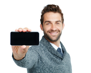 Image showing Happy, portrait or business man with phone screen for internet research, social media or networking in white background. Tech and male on smartphone for social network, blog review or media app