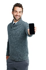 Image showing Portrait, smile or business man with phone screen for marketing mockup, advertising or branding poster in studio. Model, happy or businessman on smartphone for news or logo in white background