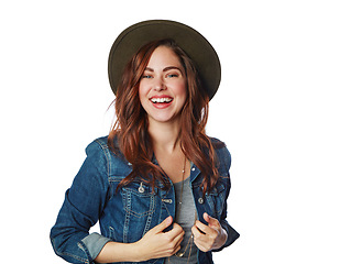 Image showing Woman, portrait or fashion clothes with denim jacket on isolated white background in cool brand marketing on mockup. Smile, gen z or model and hat, trendy or clothing ideas on studio mock up backdrop