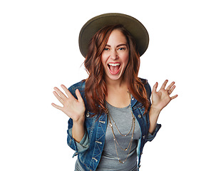 Image showing Surprised woman, portrait or fashion hat on isolated white background in trendy, cool or brand style marketing. Smile, happy or excited gen z model and wow facial expression for clothing sales mockup