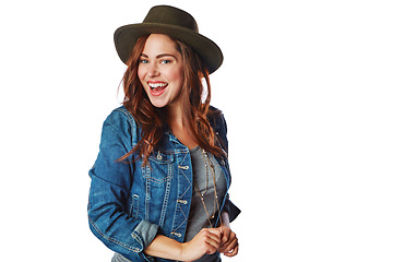 Image showing Woman, smile in portrait with energy and excited with trendy, hipster style isolated against white background. Fashion model, happy girl and edgy with fedora, lifestyle and marketing with mockup