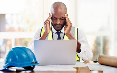 Image showing Headache, laptop and architect man stress, pain and mental health problem thinking of project management, planning and budget strategy. Angry, frustrated or burnout construction worker or contractor