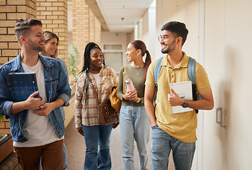 Image showing Education, diversity and students walking, conversation and collaboration for group project, research and college. Young people, friends and academics in hallway, talking and brainstorming for idea