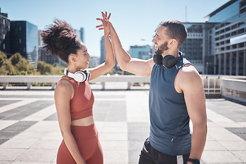 Image showing Holding hands, support and couple training in the city, fitness motivation and cardio success in Brazil. Love, achievement and excited athlete man and woman with affection during outdoor exercise