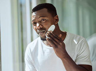 Image showing Beauty skincare, bathroom and black man with cream for luxury healthcare, morning wellness routine or facial acne prevention. Spa salon cosmetics, dermatology and person with face collagen product