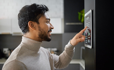 Image showing Smart home technology, wall system and man with digital ui monitor for thermostat heating, safety security network or air conditioning. AI software app, house automation or profile of person with IOT