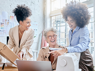 Image showing Manager, e commerce delivery and laughing people teamwork on package box, stock product or commercial distribution. Logistics courier shipping, retail store diversity or collaboration on supply chain