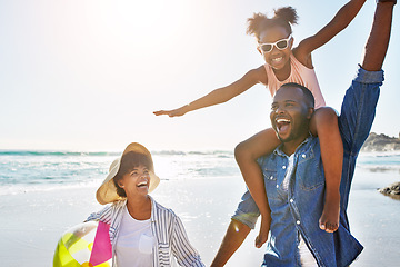 Image showing Family, beach and girl on shoulder of father enjoying holiday, vacation and freedom on weekend. Summer, travel and happy dad, mom and child smile on adventure for bonding, relaxing and fun by ocean