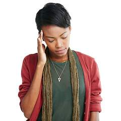 Image showing Black woman, hand or stress headache on isolated white background in mental health, anxiety or thinking burnout. Tired model, mistake or migraine pain on studio mockup backdrop or depression mock up