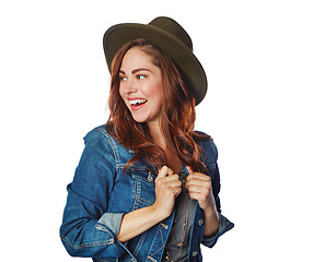 Image showing Happy woman, fashion clothes or hat on isolated white background in cool trend or funky brand marketing on mockup. Smile, gen z or model with denim jacket or clothing ideas on studio mock up backdrop