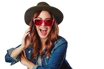 Image showing Woman, fashion and glasses with hat, smile or excited face against a white studio background. Portrait of a happy isolated fashionable female smiling in happiness for summer style