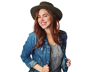 Image showing Happy woman, portrait and fashion clothes with hat on isolated white background in cool brand marketing. Smile, gen z and model with denim jacket, trendy or clothing ideas on studio mock up backdrop