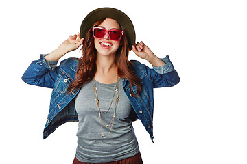 Image showing Woman, portrait and fashion sunglasses or tongue, hat or isolated denim jacket on white background mockup. Smile, happy or gen z model in trendy, cool or hipster brand clothing for marketing mock up