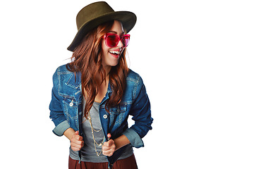 Image showing Gen z, fashion and sunglasses girl happy in trendy style with excited smile for marketing. Happiness, youth and young fashionista model isolated on white background for advertising mockup.