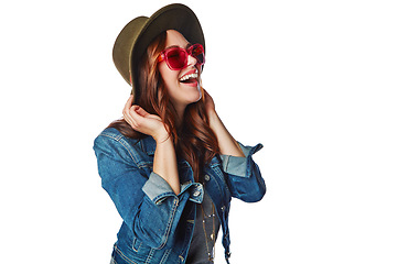 Image showing Fashion, youth and trendy woman laugh with cool sunglasses and style for marketing with smile. Happy, gen z and young fashionista model isolated on white background for advertising mockup.