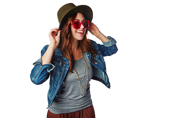 Image showing Thinking, fashion and girl youth happy with trendy style and sunglasses with smile for marketing. Happiness, gen z and young fashionista model isolated on white background for advertising mockup.