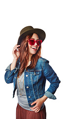 Image showing Trendy, style and happy model in a studio with a casual, stylish and funky outfit with accessories. Happiness, smile and woman with hat, sunglasses and edgy clothes isolated by a white background.