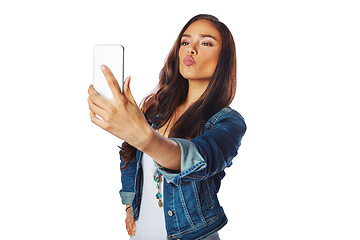 Image showing Woman, fashion or kiss for phone selfie on isolated white background for social media, profile picture or video call. Model, influencer or mobile photography technology for gen z blogging on mock up