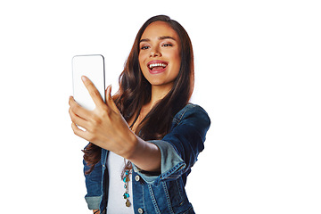 Image showing Happy woman, fashion and phone selfie on isolated white background for social media, profile picture or video call. Model, influencer and mobile photography technology in blogging on mockup backdrop