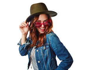 Image showing Happy woman, portrait or fashion denim jacket with sunglasses or hat on isolated white background or mockup. Smile, gen z and model with cool, trendy style or brand clothes ideas on mock up backdrop