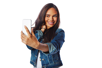 Image showing Happy model, fashion and phone selfie on isolated white background for social media, profile picture or video call. Smile, woman or influencer on mobile photography technology in blogging on mockup