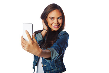 Image showing Model, fashion and phone selfie on isolated white background for social media, profile picture or video call. Smile, happy woman or influencer on mobile photography technology in blogging on mockup