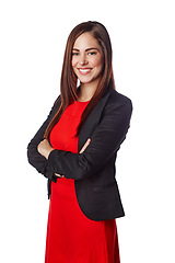 Image showing Isolated, business and portrait of woman with arms crossed in white background studio for management, leadership and fashion. Happy, smile and confident with girl standing alone for cute and formal