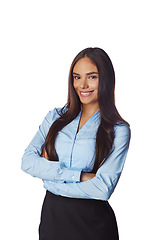 Image showing Isolated, business and portrait of woman with mockup in white background studio for management, leader and fashion. Happy, smile and confident with Brazilian girl and arms crossed for career mindset