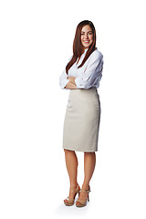 Image showing Isolated, business and portrait of woman with mockup in white background studio for management, leader and fashion. Happy, smile and confident with New York girl and arms crossed for career mindset