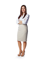 Image showing Isolated, business and portrait of woman with mockup in white background studio for management, leader and fashion. Happy, smile and confident with New York girl and arms crossed for career mindset