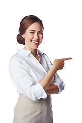 Image showing Portrait, pointing and happy woman with finger gesture isolated against a studio white background. Excited, confident and smiling businesswoman showing copy space for a promo deal