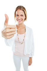 Image showing Thumbs up, woman and smile in portrait with agreement, feedback and positive review isolated on white background. OK, success and motivation with hand zoom, happy woman with yes vote mockup and emoji