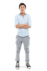 Image showing Business man, studio portrait and arms crossed in studio for surprise, confused or shocked emoji. Male asian model isolated on a white background for wow fashion or business news announcement