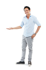 Image showing Young businessman, success smile and open hands or standing ready for employee happiness, positive mindset and isolated in white background. Man, happy gesture and confident entrepreneur in studio