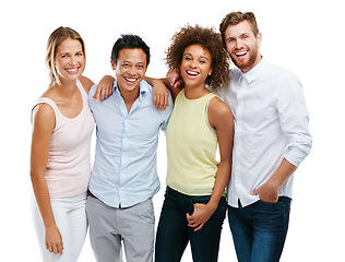 Image showing Diversity, people and friends laughing while standing together in friendship against a white studio background. Portrait of isolated diverse group smiling in unity for community on white background