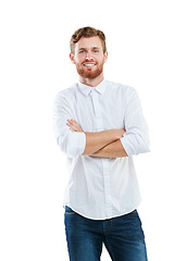 Image showing Fashion, happy and portrait of a man model in a studio with a stylish, casual and luxury outfit. Natural, smile and young male with style, cool and trendy clothes isolated by a white background