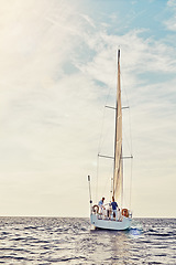 Image showing Couple, retirement or luxury sailing yacht on ocean, sea or water vacation holiday, hobby break or Greece summer. Man, woman or people on investment boat in success travel location for nature freedom