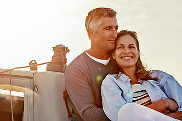 Image showing Travel, investment and luxury with couple on yacht for success, relax and wealth on retirement trip. Travel, love and ship hobby with baby boomers man and woman sailing on boat for tropical vacation