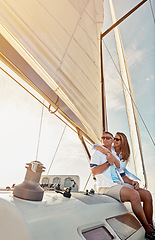 Image showing Travel, investment and luxury with couple on yacht for success, relax and wealth on retirement trip. Rich, love and ship hobby with baby boomers man and woman sailing on boat for tropical vacation