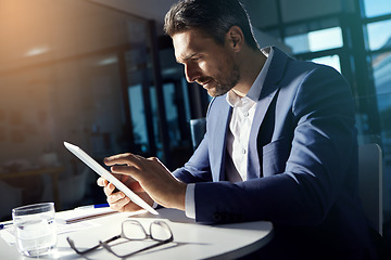 Image showing Thinking man, tablet and working investment financial worker with web finance analytics data. Office, business man and accounting manager typing a fintech strategy for corporate stock market company