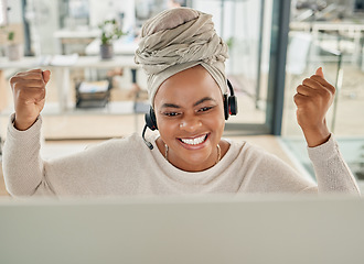 Image showing Black woman, success fist or call center computer in telemarketing deal, contact us sales or customer support target. Smile, happy receptionist or celebration on technology for lead generation goals