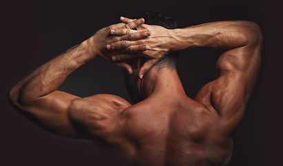 Image showing Man, body or back muscle on black background in studio fitness goals, workout or training motivation and healthcare wellness check. Bodybuilder, sports athlete or model flexing on aesthetic backdrop