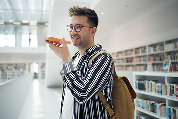 Image showing Man, phone call and speaker in library, smile and connection for communication, talking and planning study date. Young male, student or academic with smartphone, speaking or conversation in bookstore