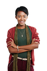 Image showing Woman, portrait smile and standing arms crossed for ambition or profile against white studio background. Happy isolated female model posing with crossed arms smiling in happiness on white background