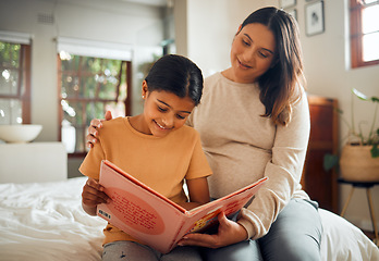 Image showing Pregnant mother reading to child for learning, language and home development help, support and bonding. Family, Indian people or mom and kid with storytelling book and creative education or teaching