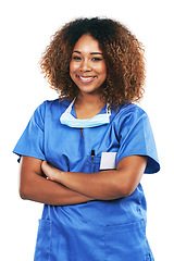 Image showing Nurse, arms crossed and portrait of black woman in studio isolated on white background. Medic, healthcare and confident, proud and happy female medical physician from Nigeria ready for wellness goals